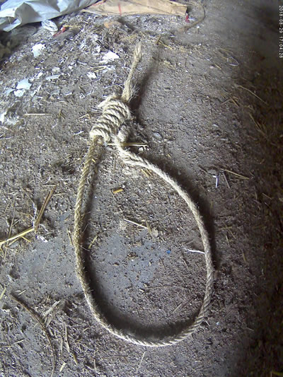 El lazo permanece en la planta baja tirado en el suelo, bajo la soga, cortado por la parte superior del nudo para poder descolgarlo, y por la zona del cuello, bajo el nudo, para quitárselo al inerte cadáver